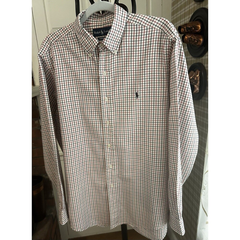 Ralph Lauren Classic Fit Men's L Check Button-Down Long Sleeve Shirt White Red